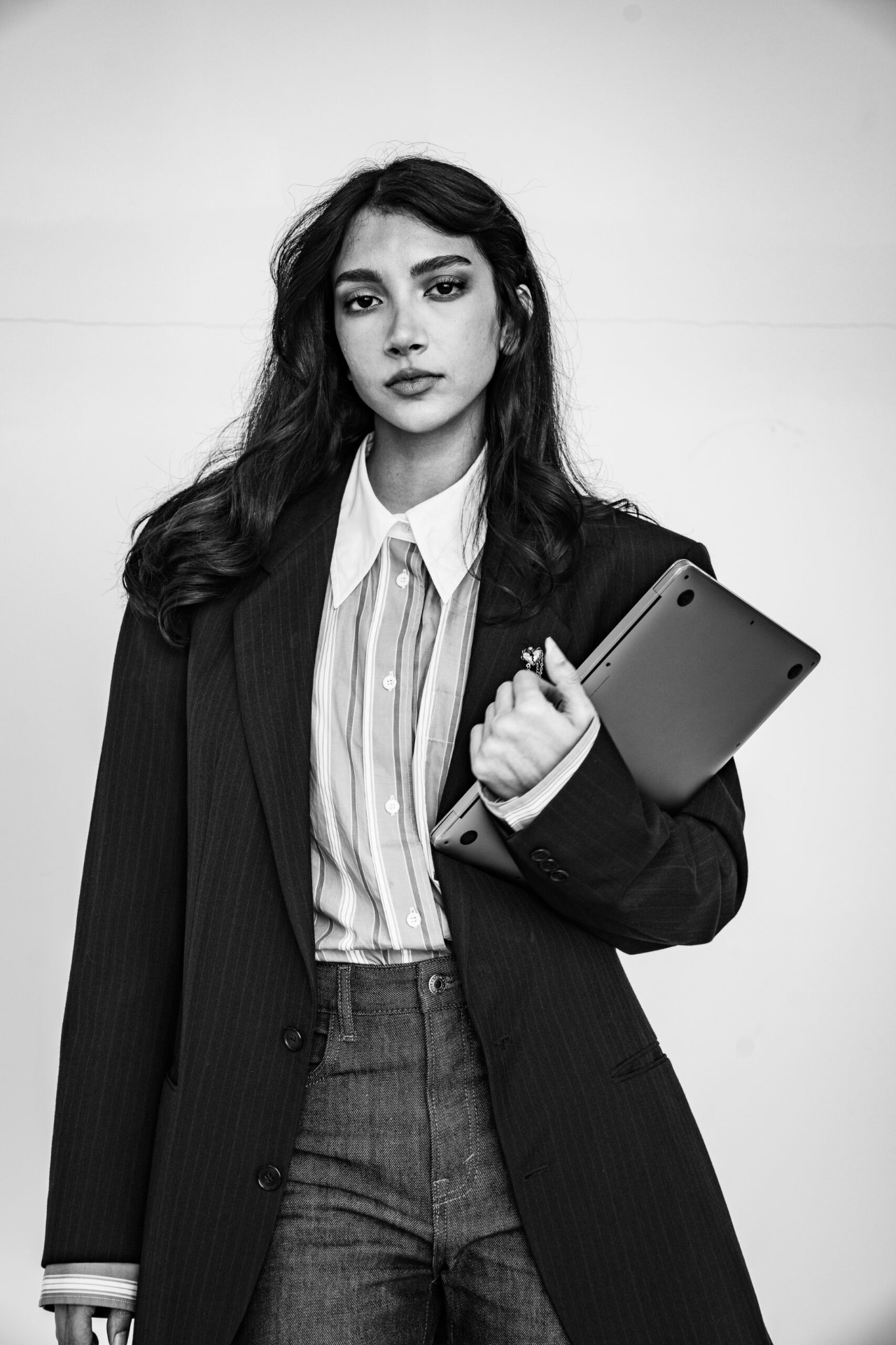 Black and white portrait with laptop